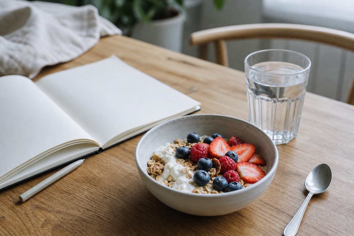 A bowl of muesli with yoghurt and fresh berries, a glass of water and an open paper notebook on a wooden table