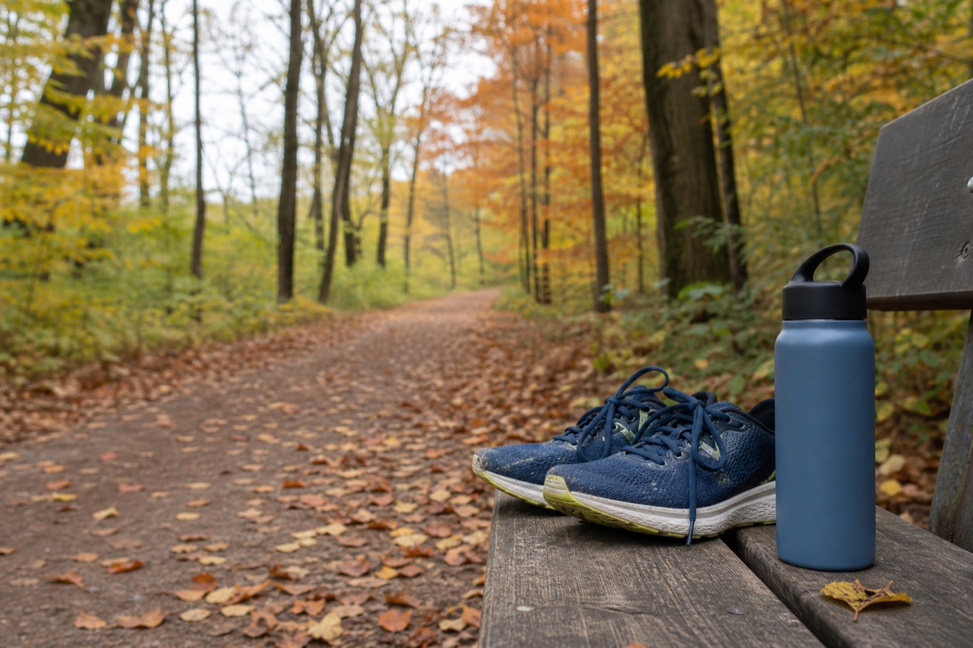A forest running path in autumn with a water bottle and a pair of trainers resting on a wooden bench